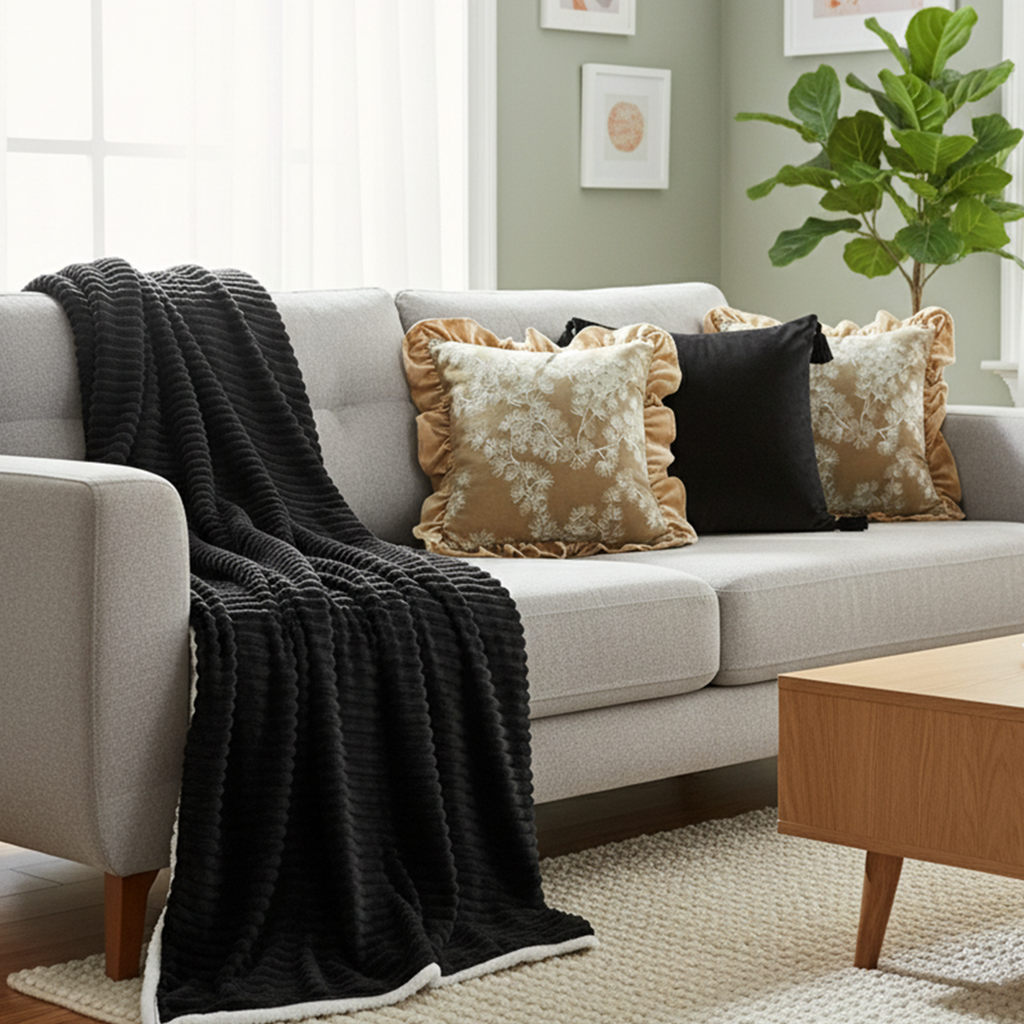 SOGA 5PC Set – Flannel Throw Blanket + Black Art Deco & Champagne Floral Ruffle Pillowcases – Cozy Decor