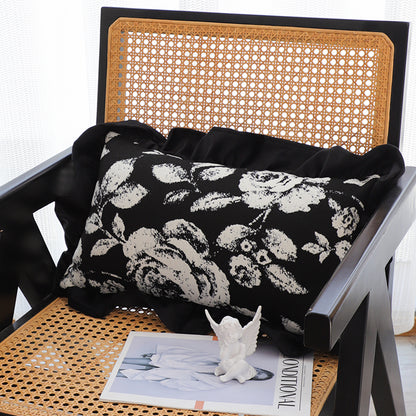 SOGA 30x50 Rectangular Rustic Black Floral Ruffle Pillow Cover
