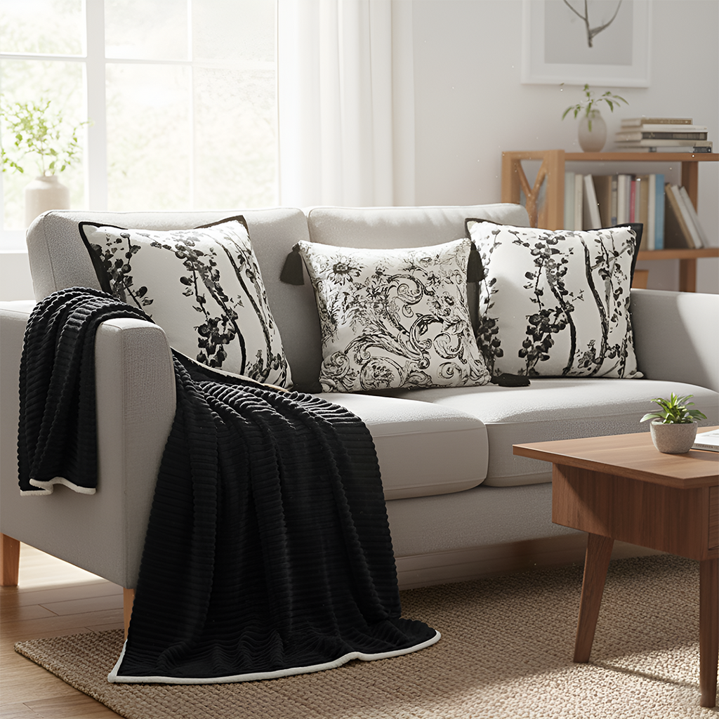 SOGA 4PC Set – Flannel Throw Blanket + Abstract & Botanical Black White Pillowcases – Cozy Modern Decor