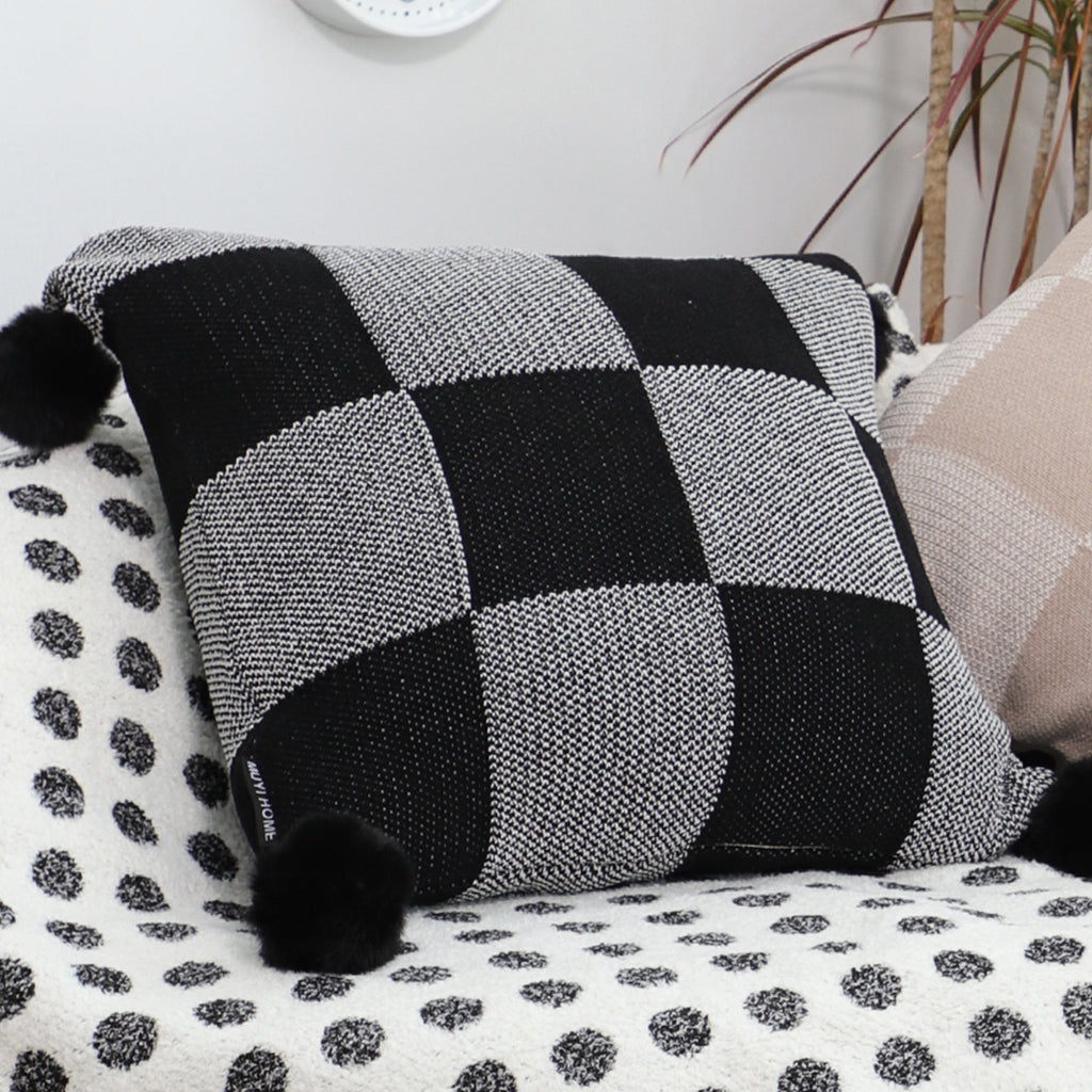 SOGA 45cm Modern Comfort Black & Gray Gingham Pillowcase with Pom Poms