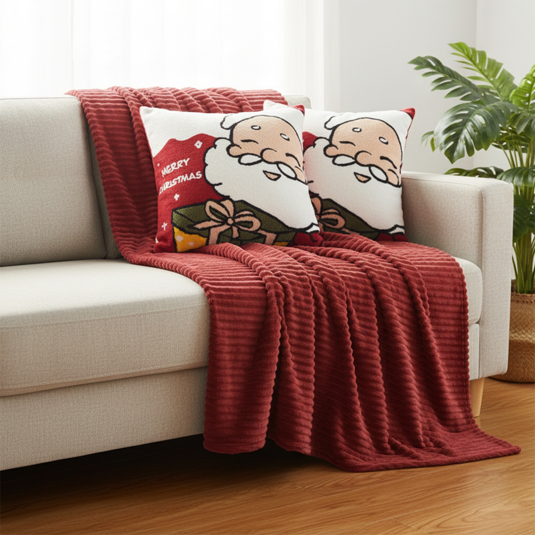 SOGA 3PC Christmas Set – Striped Flannel Throw Blanket with 2 Embroidered Santa Claus Pillow Covers