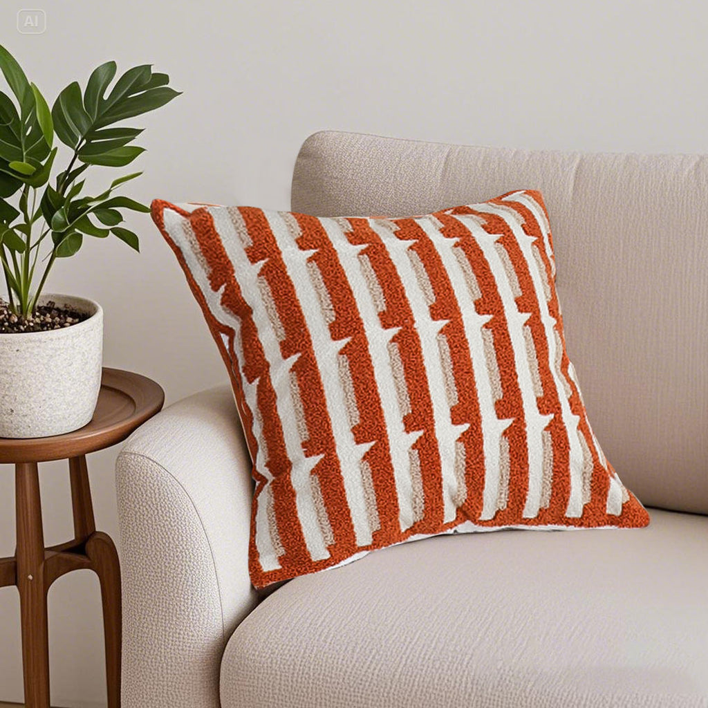 SOGA 45cm Rust Orange & Off-White Striped Polyester Decorative Pillowcase
