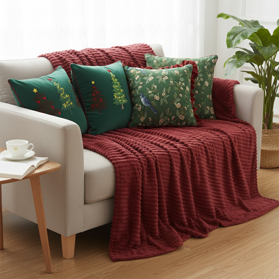SOGA 5PC Christmas Set – Striped Flannel Throw Blanket with Tree Trio & Holiday Pillow Covers