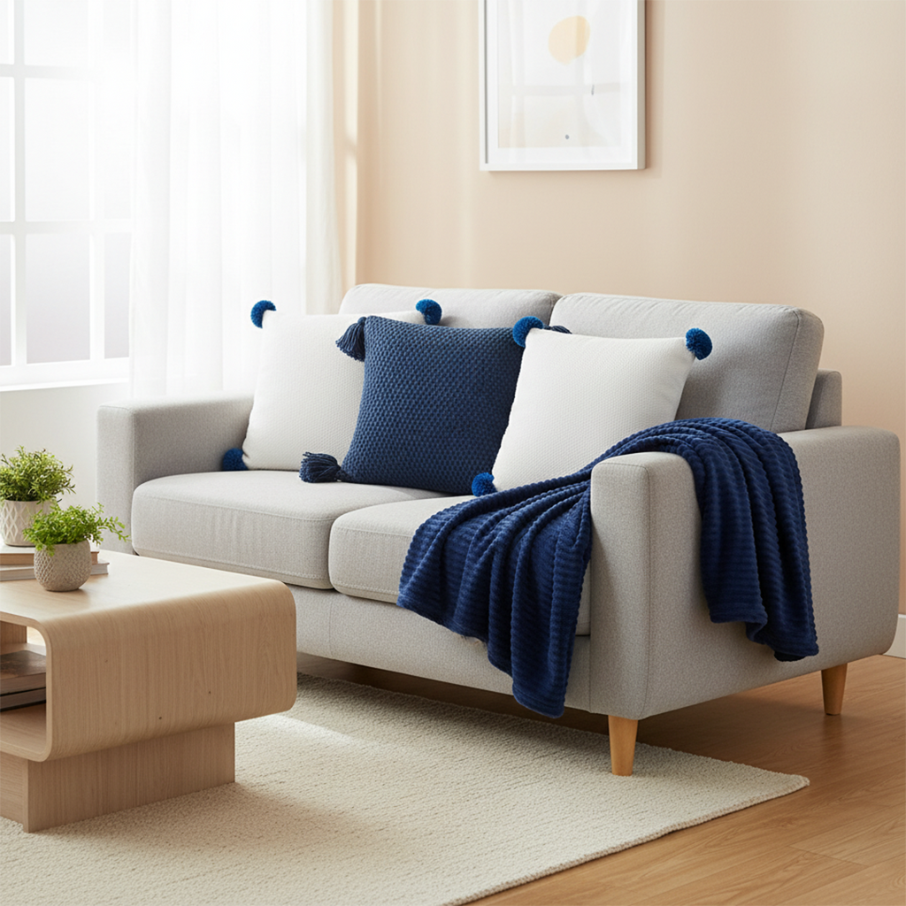 SOGA 4PC Set – Blue Striped Throw Blanket + Cream Pom Pom & Navy Chunky Knit Pillowcases – Cozy Decor