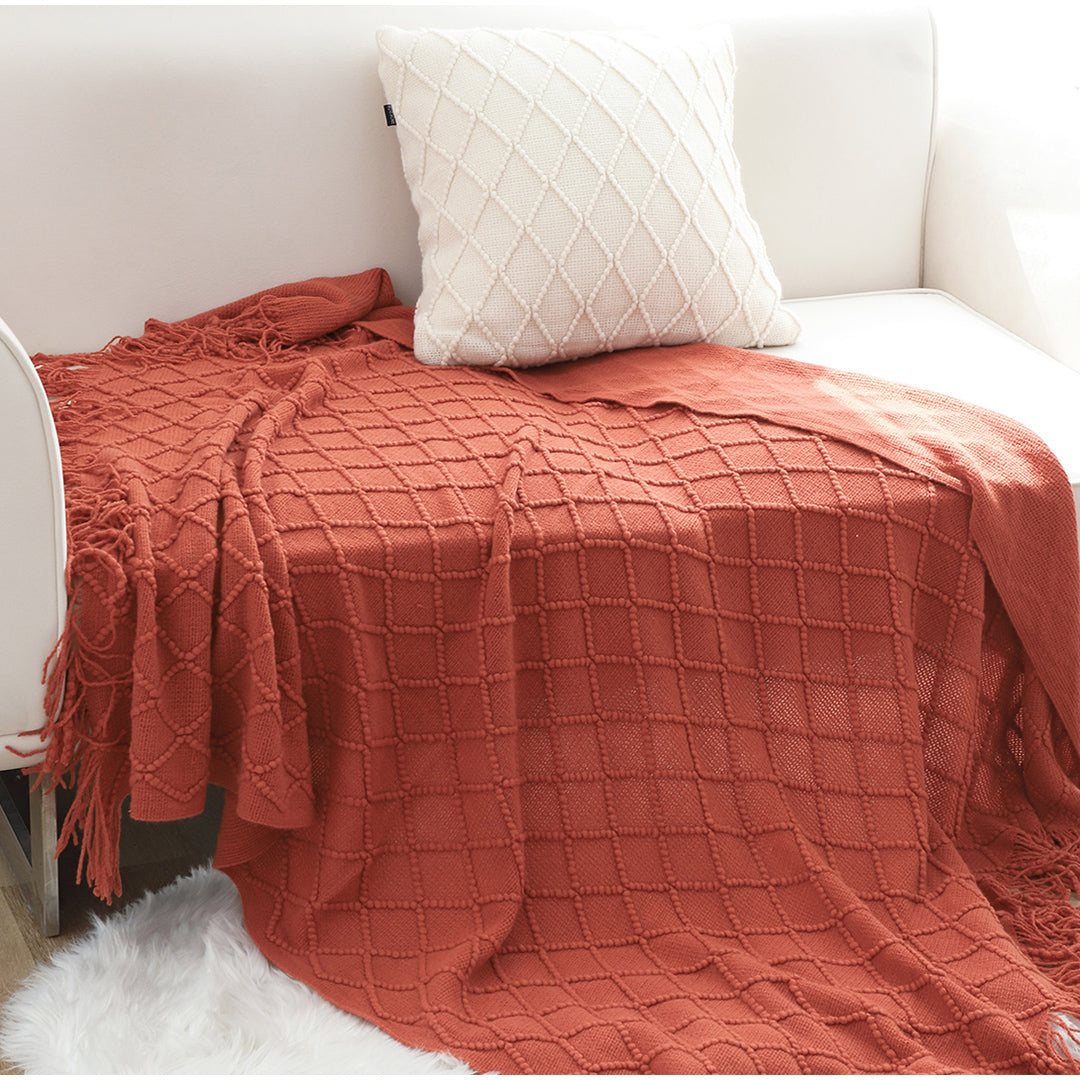 SOGA 2X Diamond Pattern Knitted Throw Blanket – Warm Cozy Woven Cover with Tassels for Couch, Bed, Sofa, Home Decor, Red