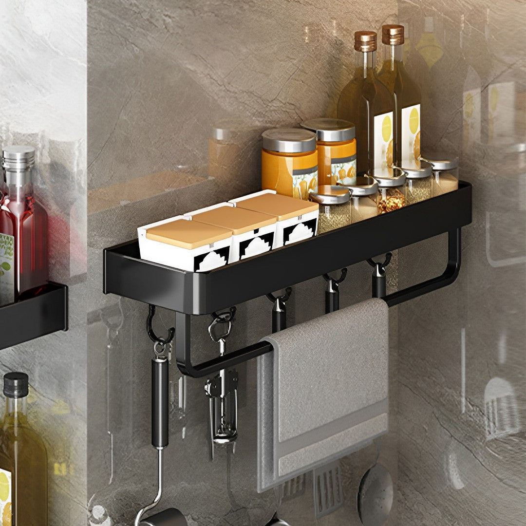 SOGA 2X 52cm Black Wall-Mounted Rectangular Kitchen Spice Storage Organiser Space Saving Condiments Shelf Rack with Hooks