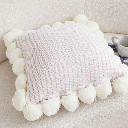 SOGA 45cm Cream Waffle Weave Pillow Cover with Pom Poms
