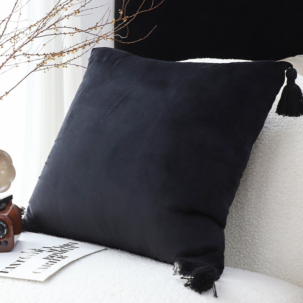 SOGA 45cm Black Velvet Butterfly Tassel Pillowcase – Vintage Accent