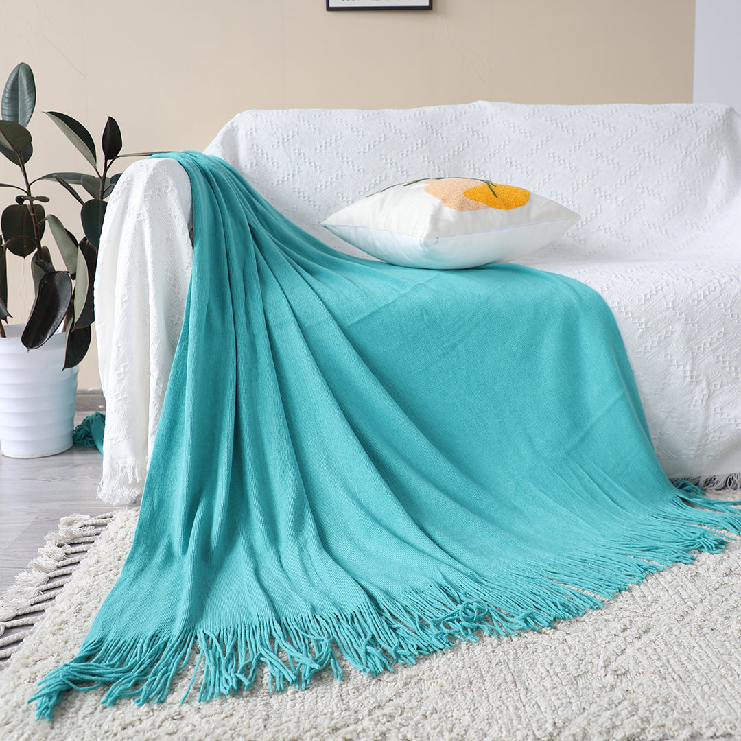 SOGA 2X Acrylic Knitted Throw Blanket – Solid Fringed Warm Cozy Woven Cover for Couch, Bed, Sofa Home Decor, Teal