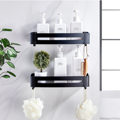 SOGA 2X Black Wall-Mounted Rectangular Bathroom Storage Organiser Space Saving Adhesive Shelf Rack with Hooks