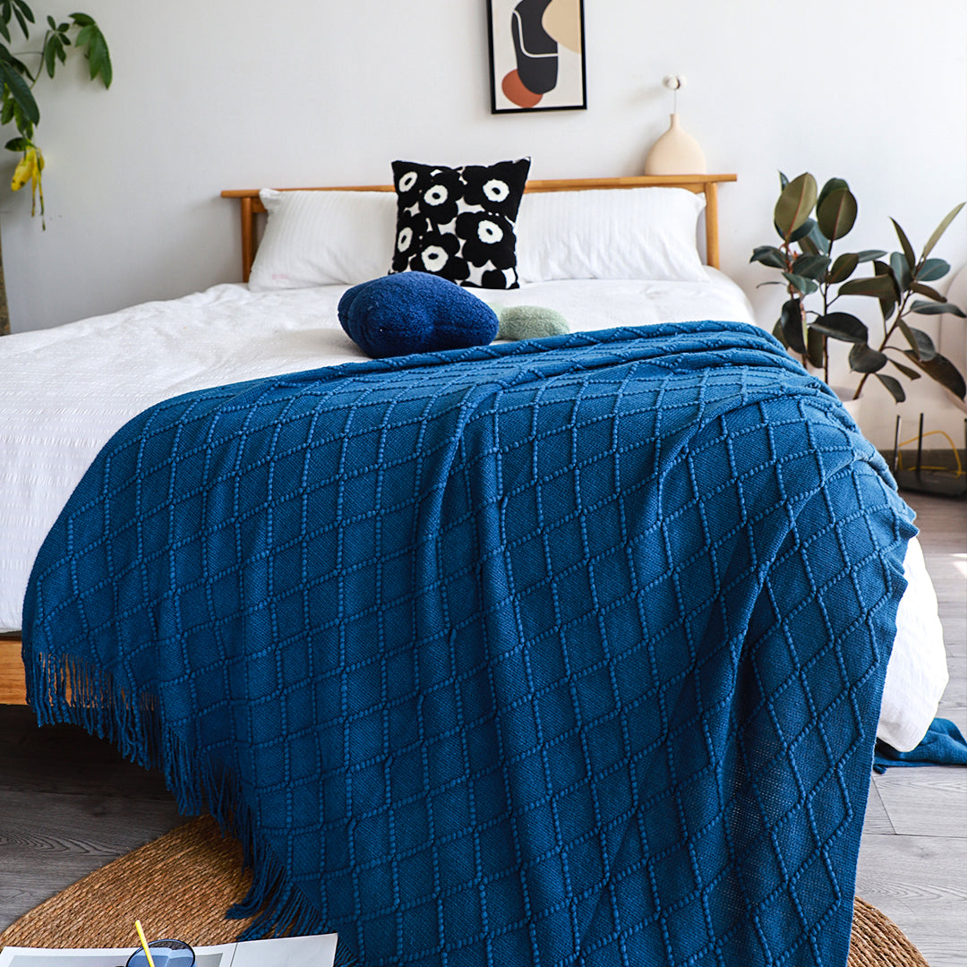 SOGA 2X Diamond Pattern Knitted Throw Blanket – Warm Cozy Woven Cover with Tassels for Couch, Bed, Sofa, Home Decor, Royal Blue