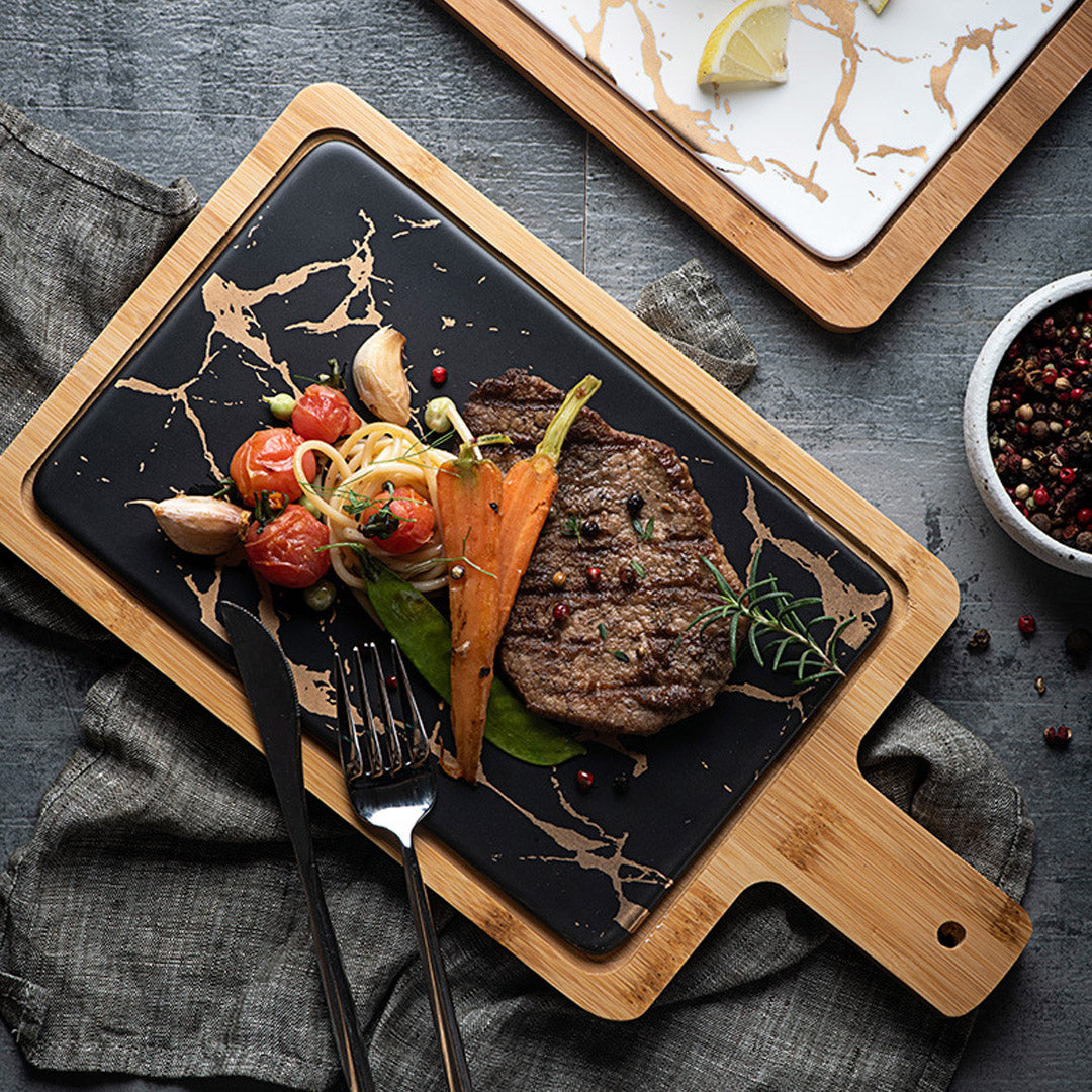 SOGA 33.5cm Black Square Wooden Serving Tray Slate Steak Serving Platter Chopping Board Paddle Home Decor