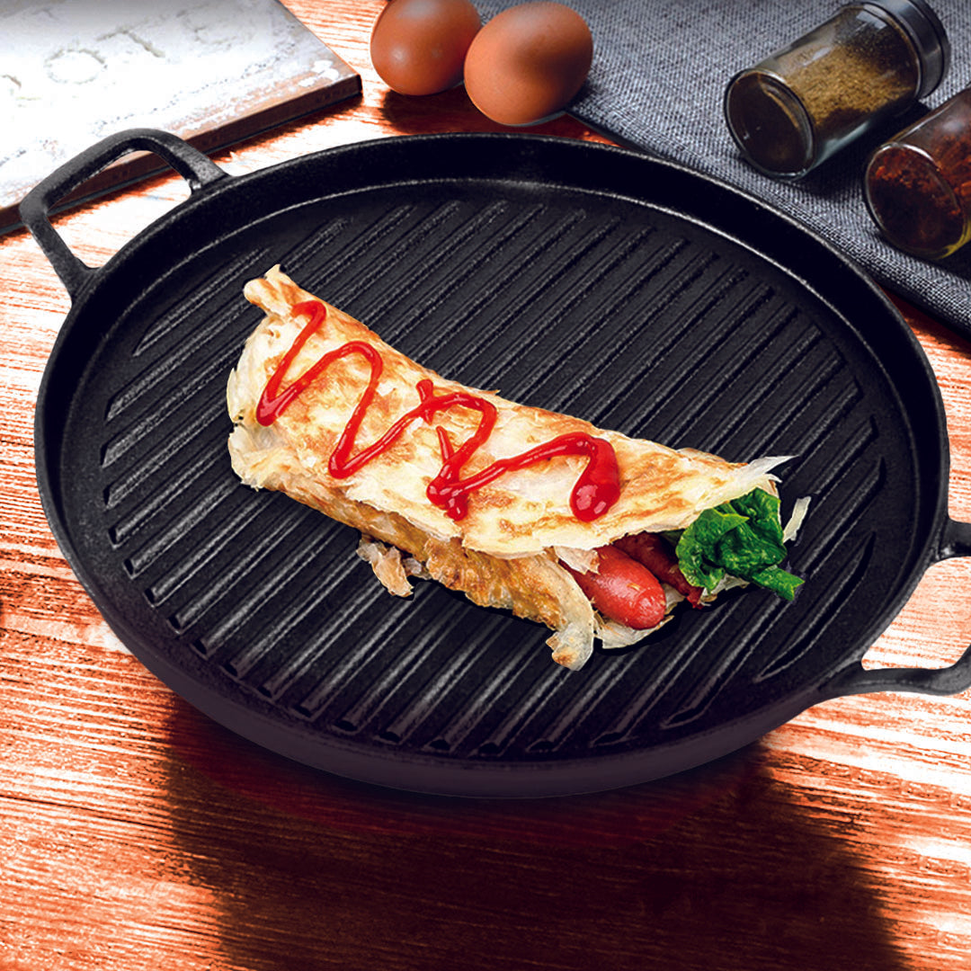 SOGA 2X 28cm Ribbed Cast Iron Frying Pan Skillet Coating Steak Sizzle Platter