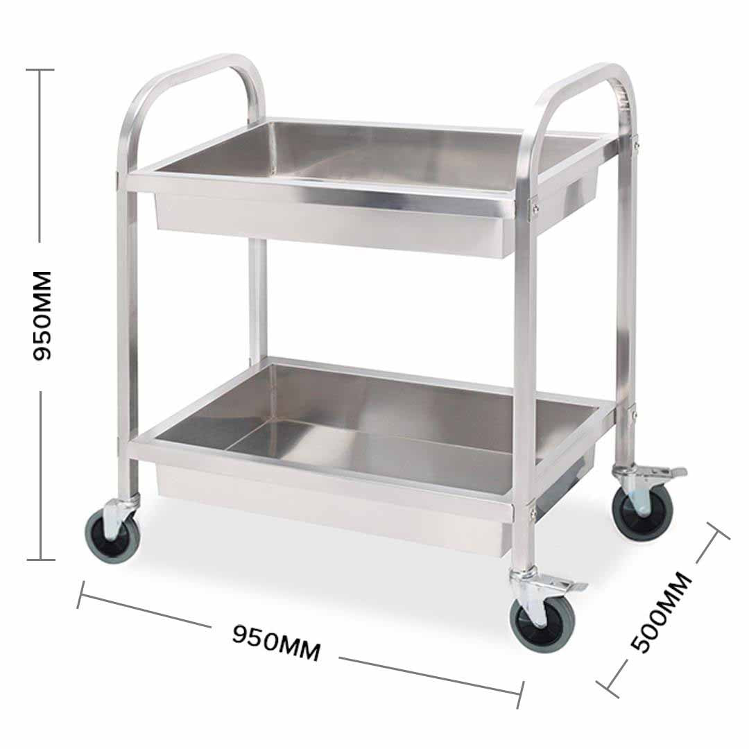 SOGA 2 Tier Stainless Steel Kitchen Trolley Bowl Collect Service FoodCart 95x50x95cm Large