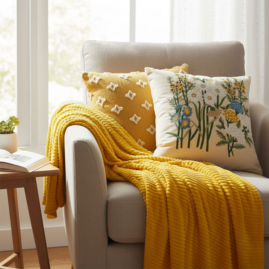 SOGA 3PC Cozy Home Set – Striped Flannel Throw Blanket with Decorative Pillow Covers (Botanical Garden & Diamond Elegance Design)