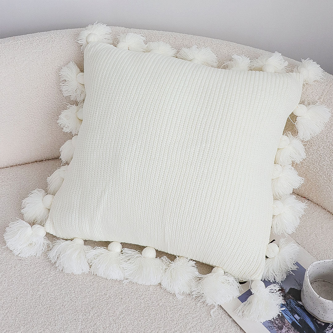 SOGA 45cm Textured Pillowcase with Pom-Pom Trim (Pure White)