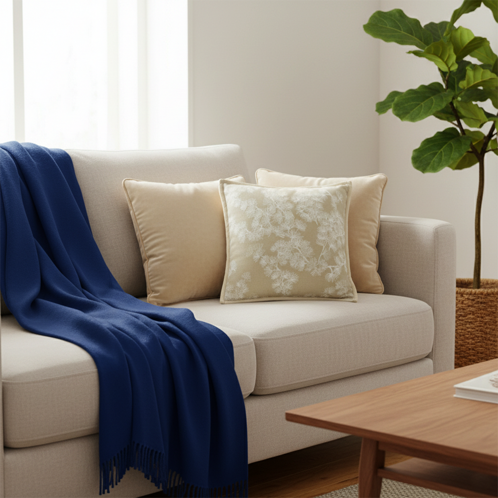 SOGA 5PC Set – Royal Blue Knitted Throw with Fringes + Champagne Velvet & Floral Pillowcases – Cozy Elegant Decor