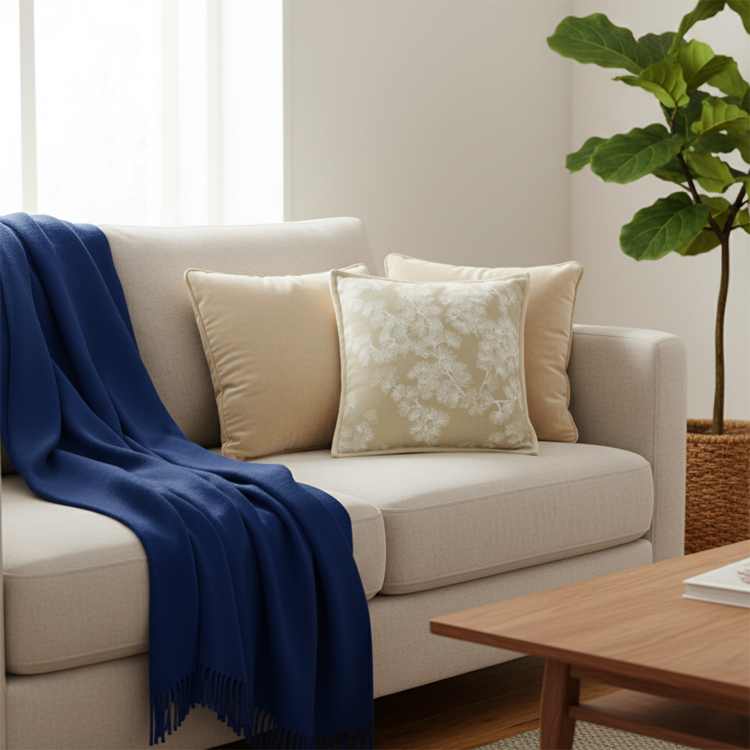 SOGA 5PC Set – Royal Blue Knitted Throw with Fringes + Champagne Velvet & Floral Pillowcases – Cozy Elegant Decor