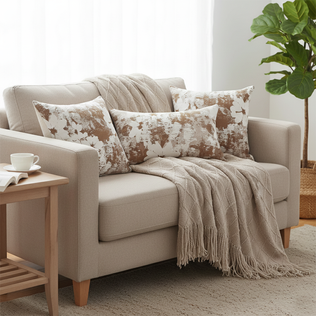 SOGA 4PC Set – Coffee Diamond Knitted Throw with Tassel + Rustic Bloom Pillowcases – Cozy Elegant Decor