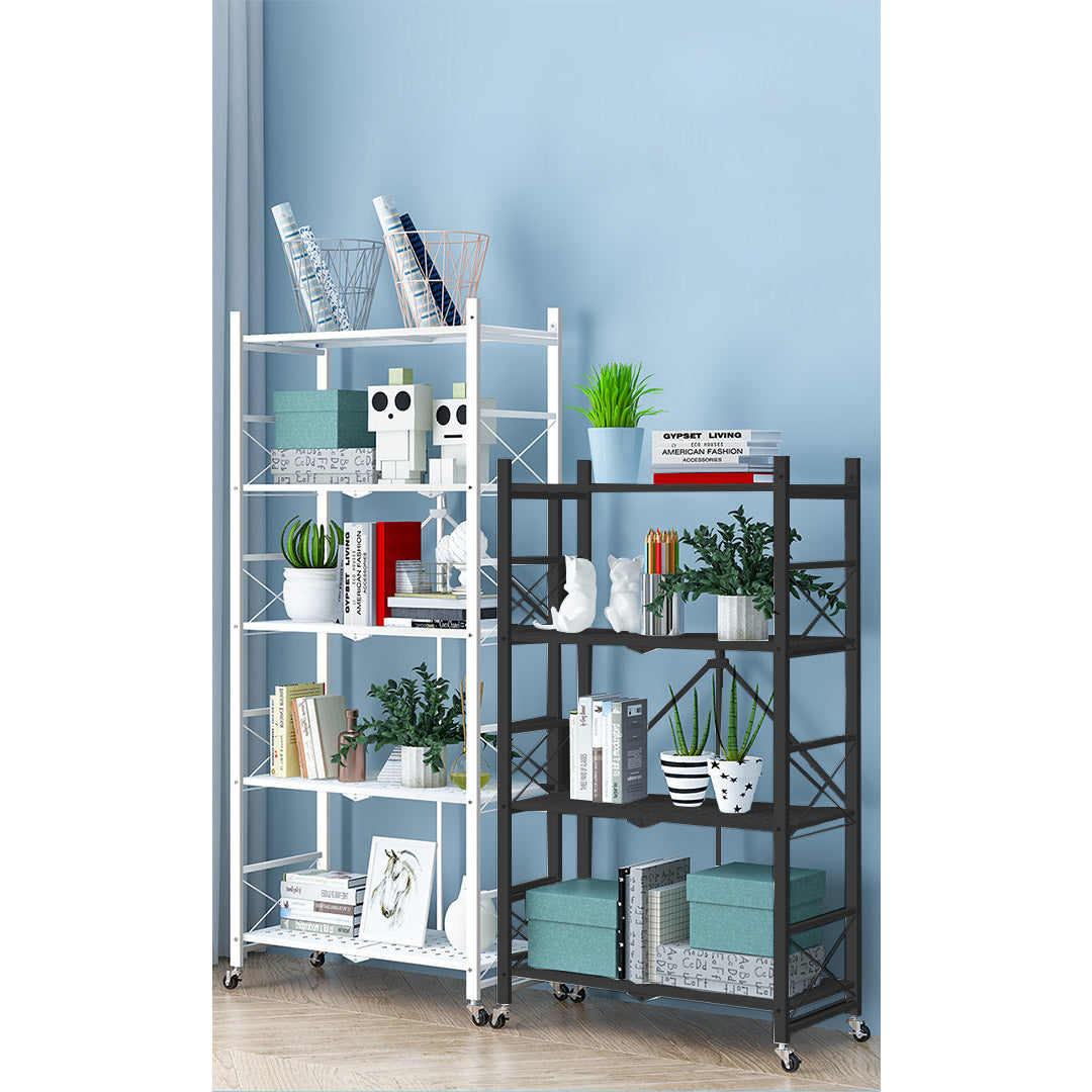 SOGA 2X 4 Tier Steel Black Foldable Display Stand Multi-Functional Shelves Portable Storage Organizer with Wheels