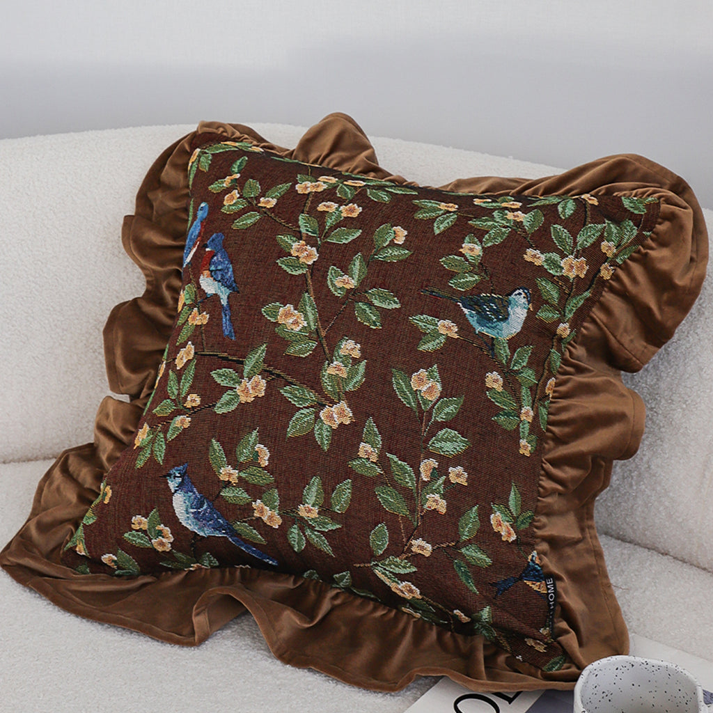 SOGA 45cm “Enchanted Garden” Bird & Floral Ruffled Throw Pillowcase