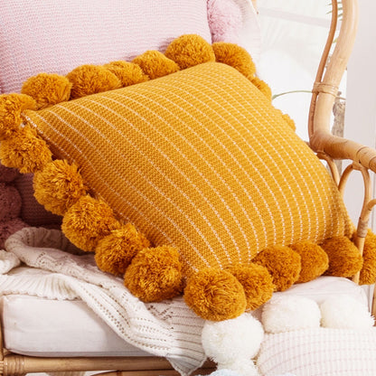 SOGA 45cm Mustard Yellow Ribbed Pillow Cover with Pom Poms