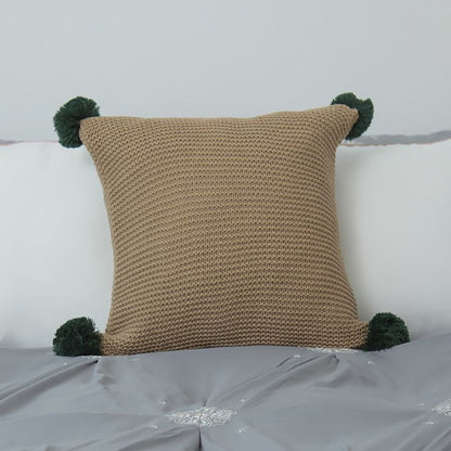 SOGA 45cm Ribbed Knit Pillowcase with Pom-Poms (Warm Beige)