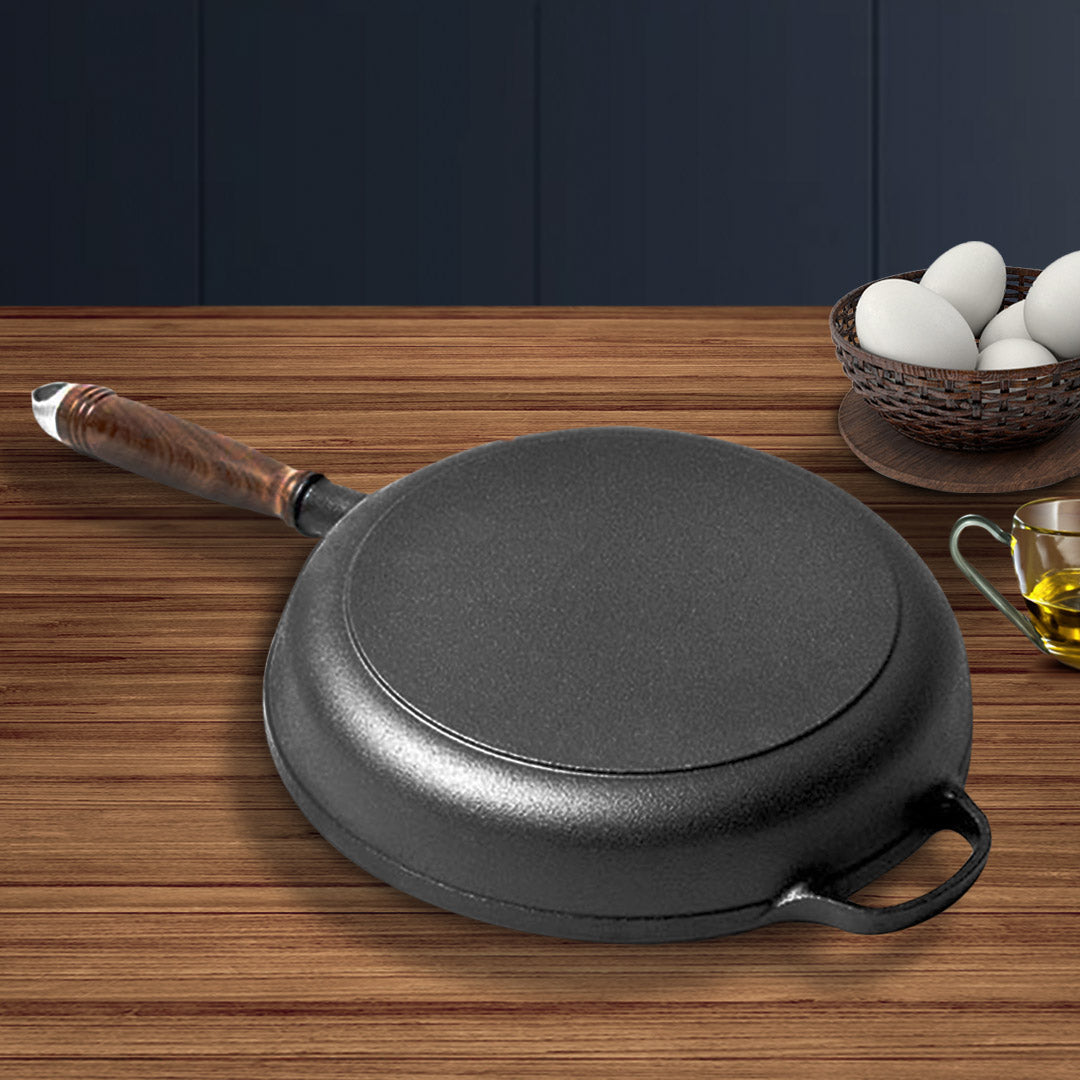 SOGA 2X 29cm Round Cast Iron Frying Pan Skillet Steak Sizzle Platter with Helper Handle