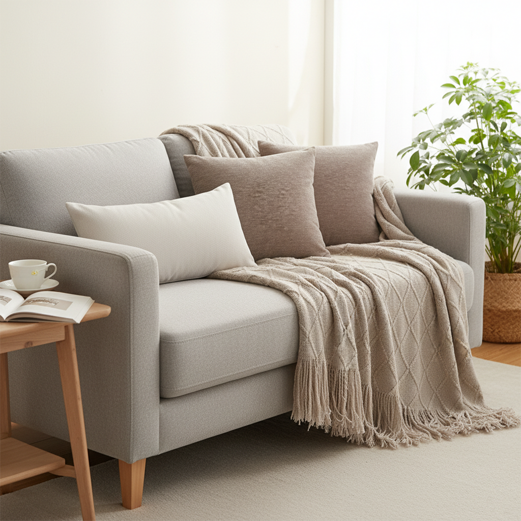 SOGA 4PC Set – Coffee Diamond Knitted Throw with Tassels + Brown Pillowcases & White Lumbar Pillow – Cozy Stylish Decor