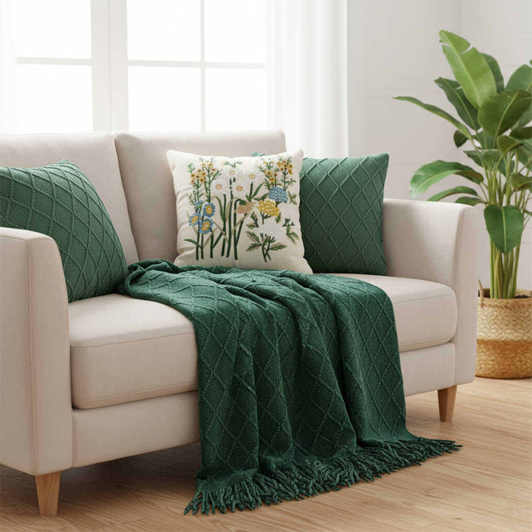 SOGA 4PC Cozy Green Set – Diamond Knit Throw Blanket with Forest Green & Botanical Garden Pillow Covers