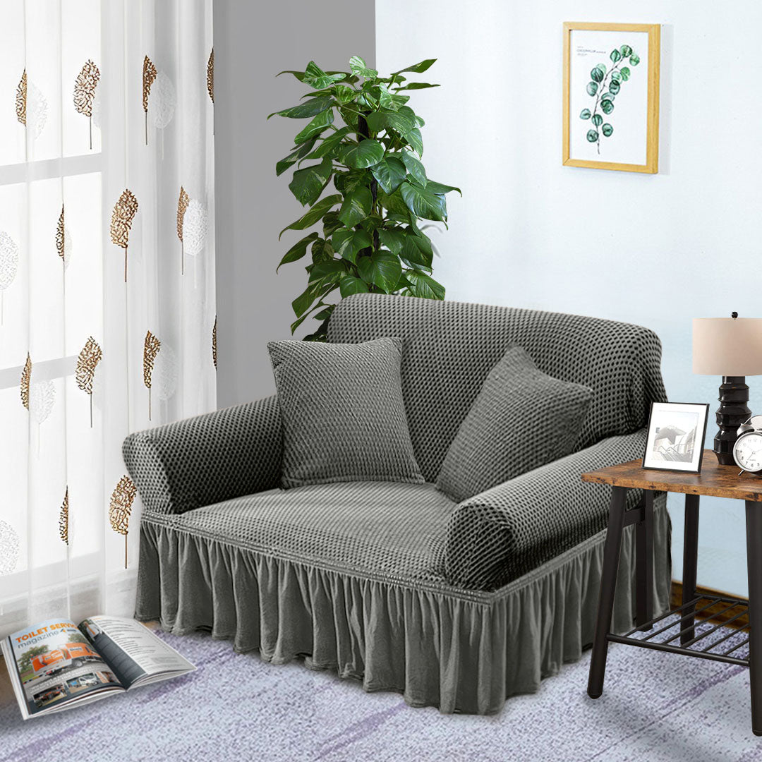 SOGA 2-Seater Grey Sofa Cover with Ruffled Skirt Couch Protector High Stretch Lounge Slipcover Home Decor