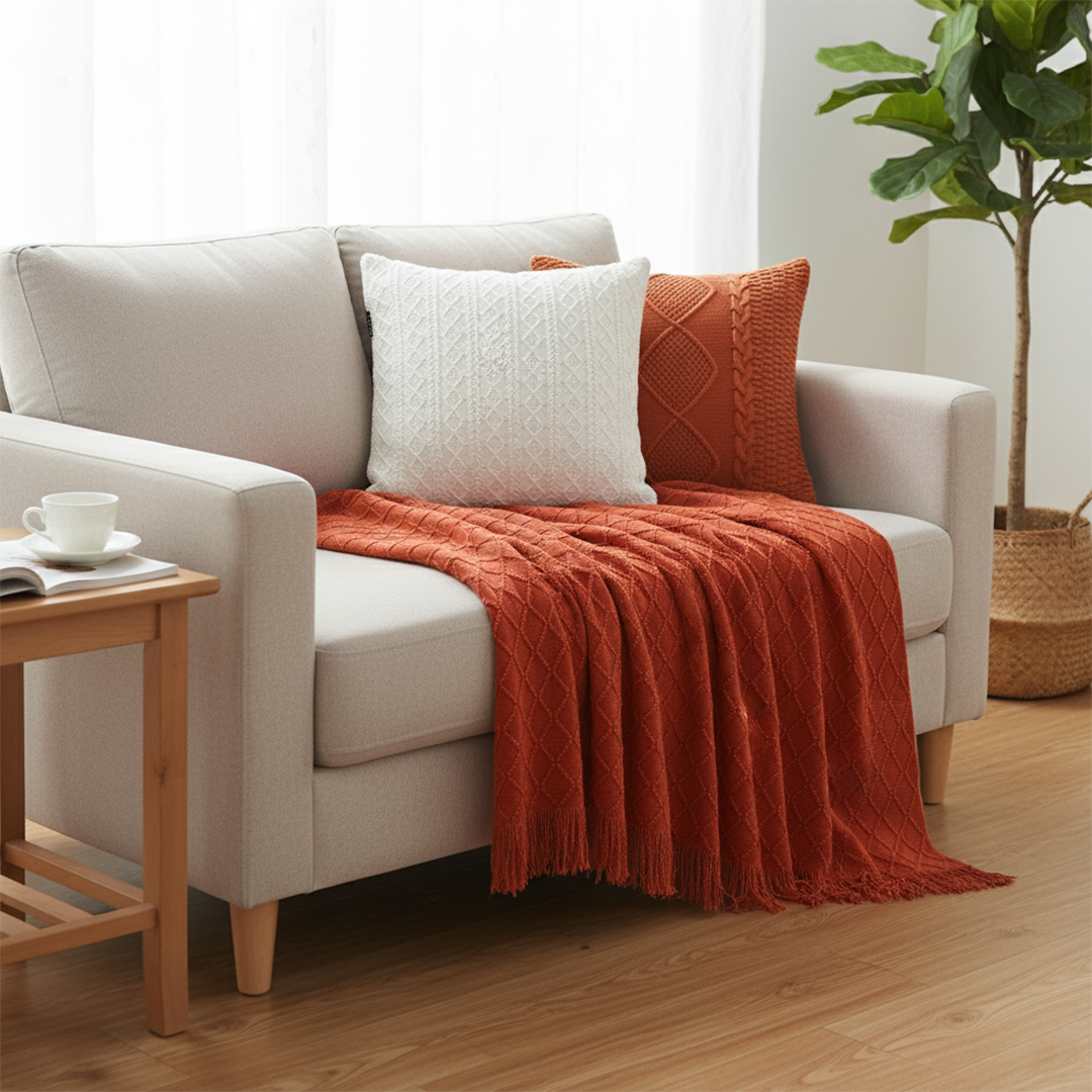 SOGA 3PC Cozy Red Knit Set – Diamond Throw Blanket with Cable Knit Pillow Covers (Diamond & Pure Design)