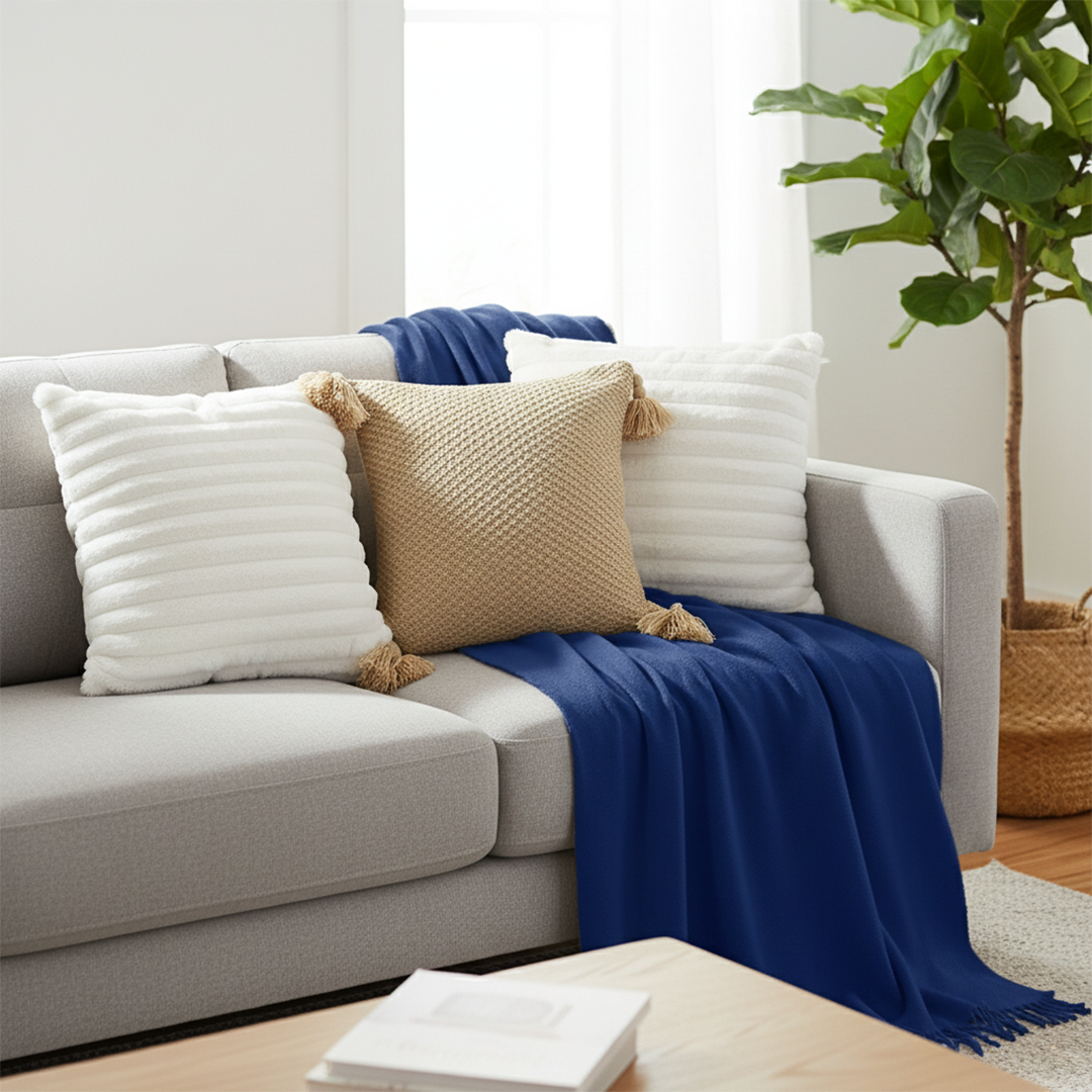 SOGA 5PC Set – Royal Blue Knitted Throw with Fringes + Beige Chunky Knit & White Textured Pillowcases