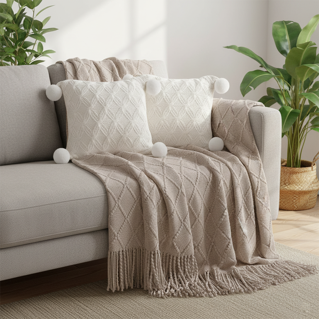 SOGA 3PC Set – Coffee Diamond Knitted Throw with Tassels + Ivory Diamond Knit Pom Pom Pillowcases – Cozy Decor