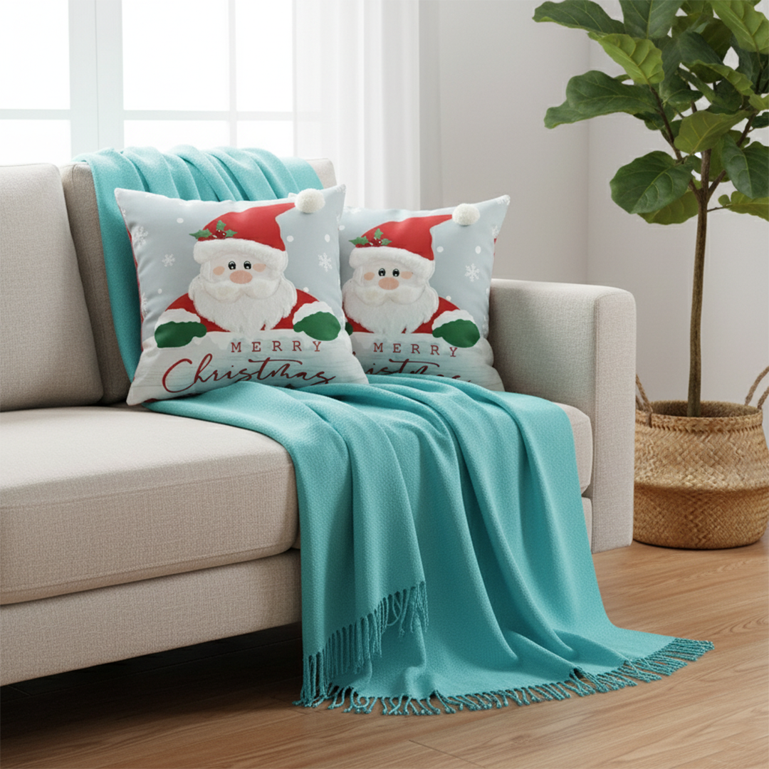SOGA 4PC Holiday Set – Teal Knit Throw Blanket with Christmas & Light Blue Pom-Pom Pillow Covers