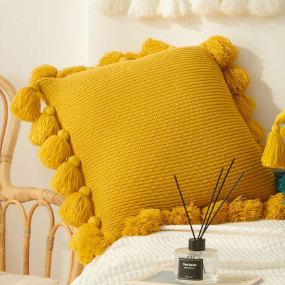 SOGA 45cm Textured Pillowcase with Pom-Pom Trim (Sunny Yellow)