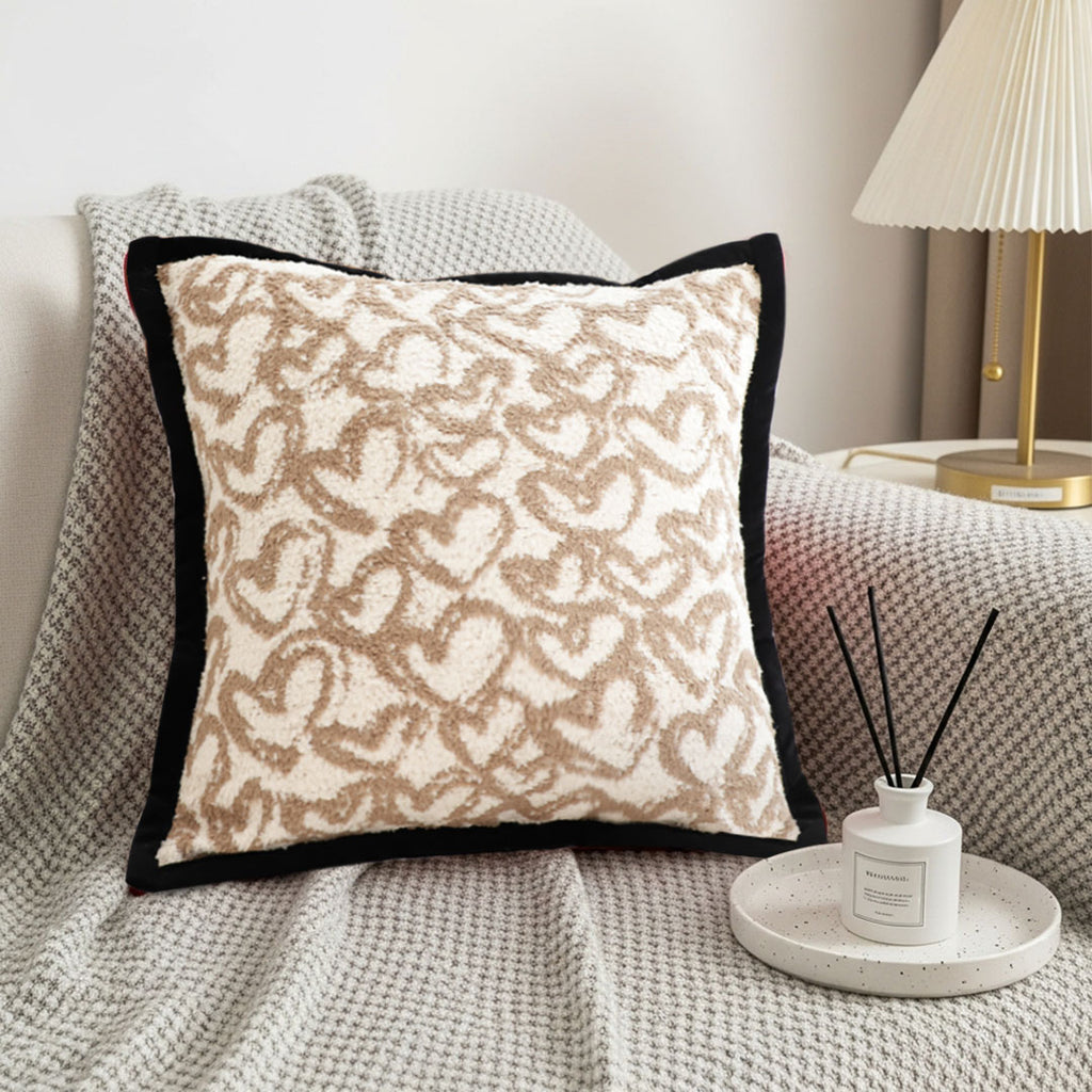 SOGA 45cm Heart Patterned Off-White Square Pillowcase with Black Trim