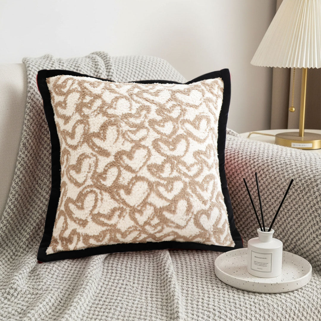 SOGA 45cm Heart Patterned Off-White Square Pillowcase with Black Trim