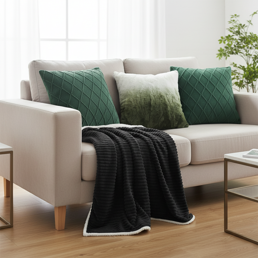 SOGA 4PC Set – Flannel Throw Blanket + Ombre Faux Fur & Forest Green Knit Pillowcases – Cozy Decor