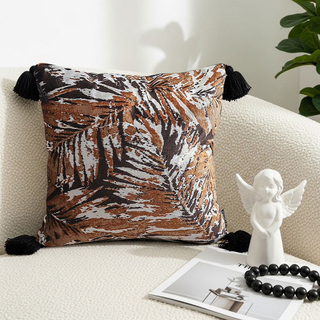 SOGA 45cm Velvet Brown/Black/Ivory Leaf Print Polyester Cushion Cover with Tassels