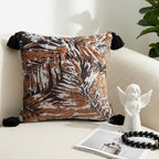SOGA 45cm Velvet Brown/Black/Ivory Leaf Print Polyester Cushion Cover with Tassels