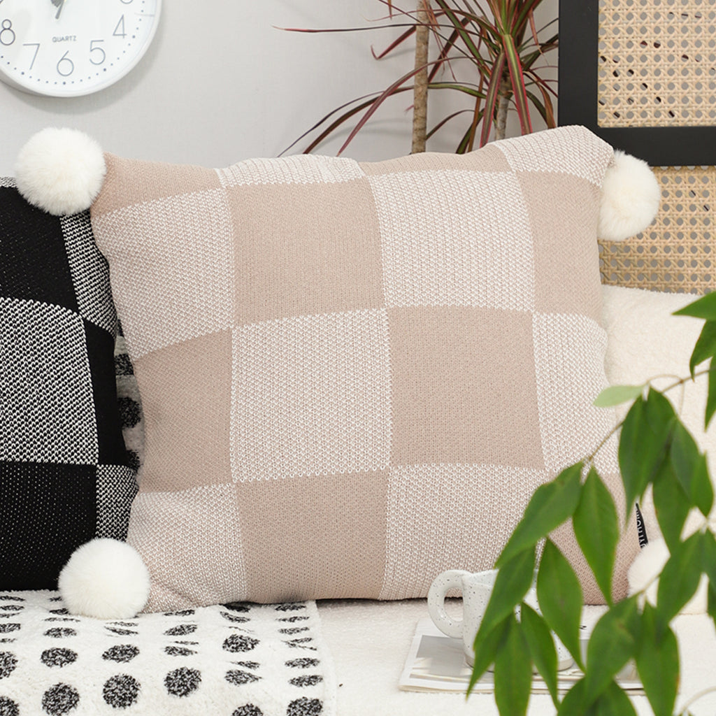 SOGA 45cm Cozy Chic Checkerboard Knit Pillowcase with Pom Pom Trim
