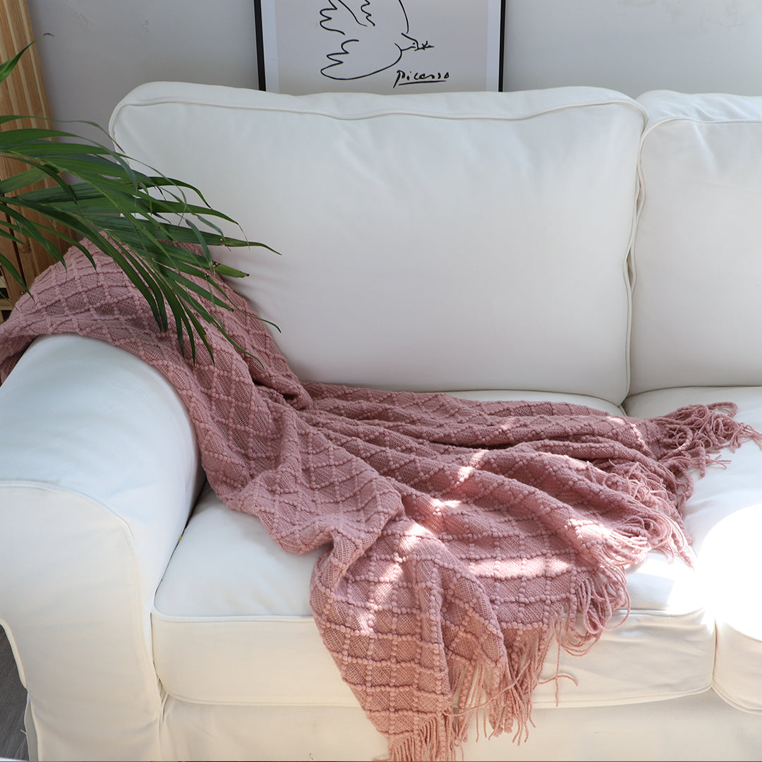 SOGA 2X  Pink Diamond Pattern Knitted Throw Blanket Warm Cozy Woven Cover Couch Bed Sofa Home Decor with Tassels