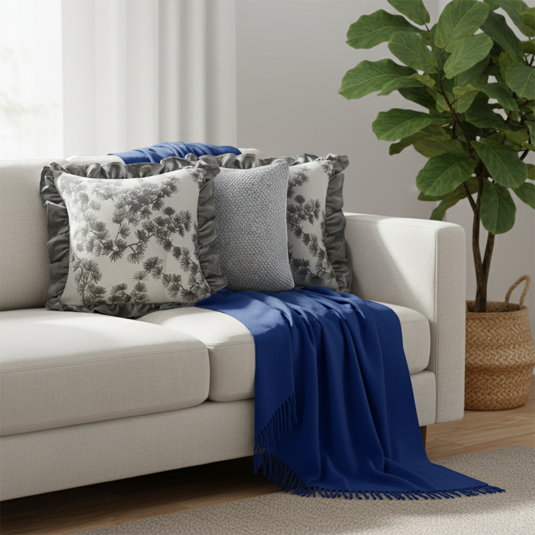 SOGA 4PC Set – Royal Blue Knitted Throw with Fringes + Gray Floral Ruffle & Stone Pillowcases – Cozy Elegant Decor