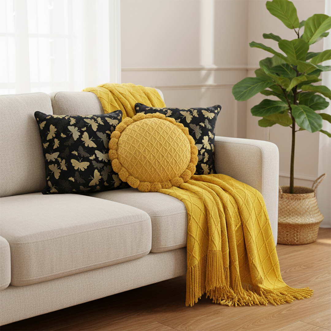 SOGA 4PC Yellow Diamond Knitted Throw Blanket with Tassels, 2x 45cm Vintage Butterfly & 45cm Quilted Luxury Pillowcases