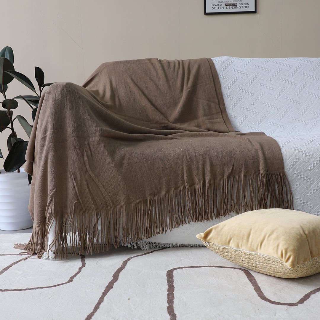 SOGA Acrylic Knitted Throw Blanket – Solid Warm Cozy Woven Cover with Fringes for Couch, Bed, Sofa & Home Decor, Coffee