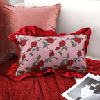 SOGA 30x50cm Rose Print Pillow Cover with Red Ruffle Border