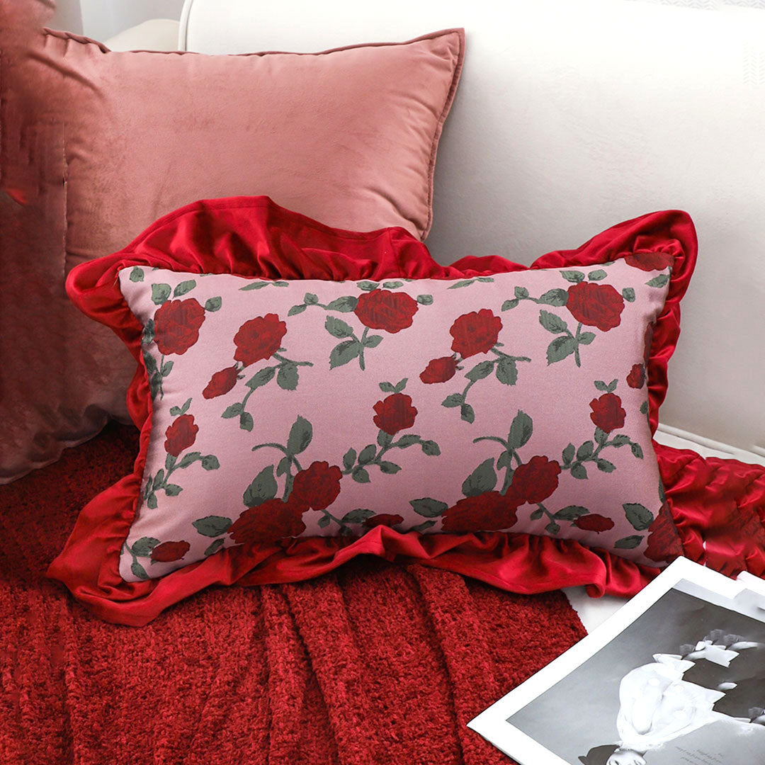 SOGA 30x50cm Rose Print Pillow Cover with Red Ruffle Border