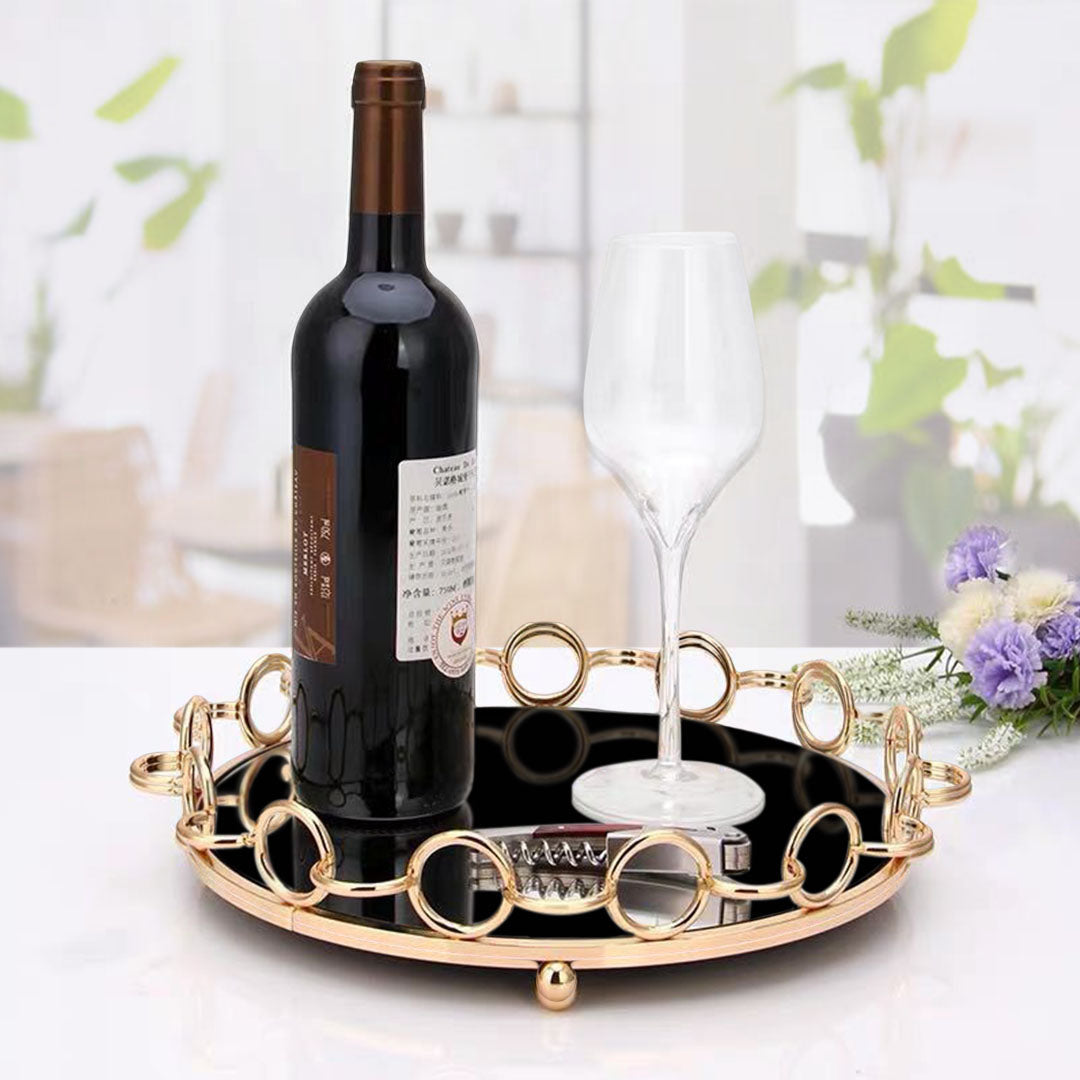 SOGA 38cm Black-Colored Round Mirror Glass Metal Tray Vanity Makeup Perfume Jewelry Organiser with Bronze Metal Frame Handles