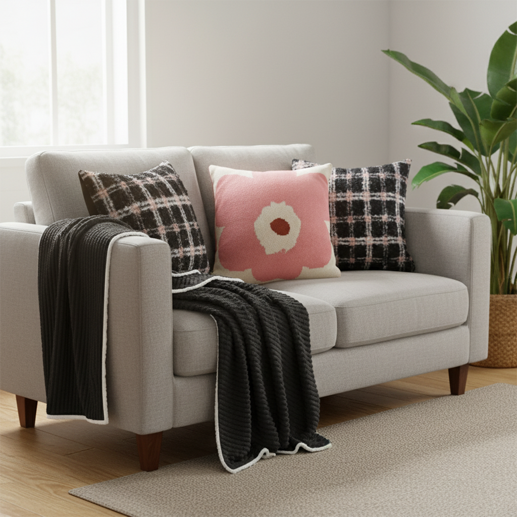 SOGA 4PC Set – Flannel Throw Blanket + Blush Bloom & Plaid Pillowcases – Warm Cozy Decor